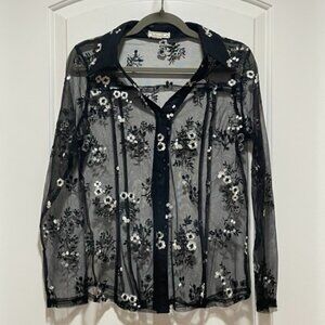 Gorgeous Amber Skies Sz Small? Black Sheer Floral Embellished Button Down Blouse